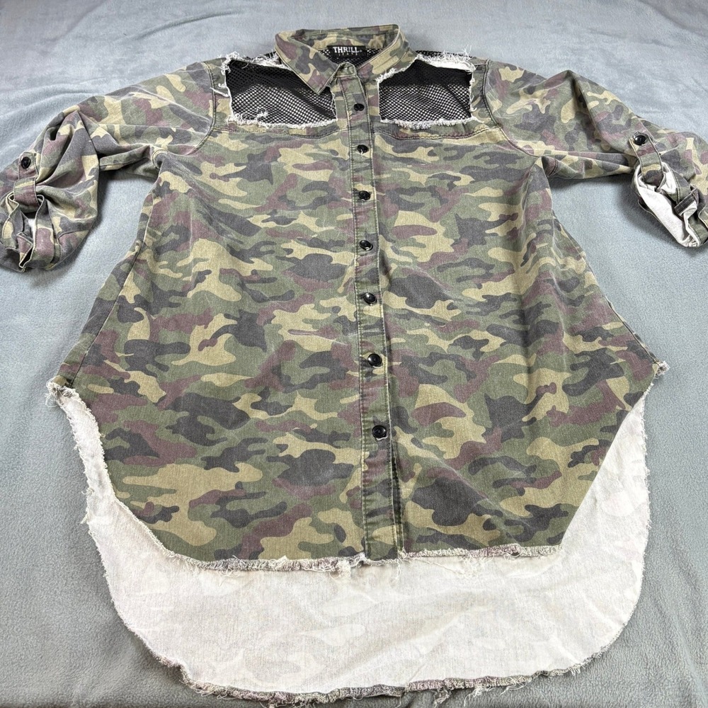 Thrill Jeans Camo Mesh Cutout Distressed Button Down Shirt Plus‎ 3X High Low Hem